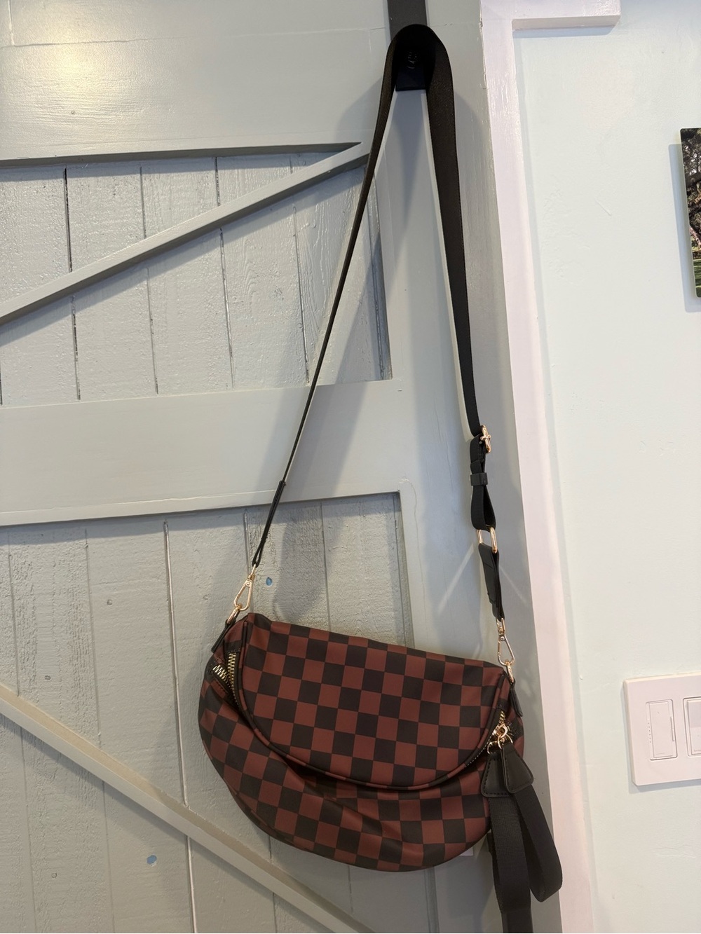 Checkerboard Crescent Crossbody Bag in Brown and Black
